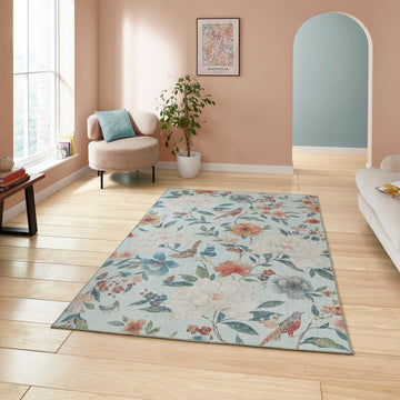 Washable Catherine Lansfield Pipa Floral Lightweight Printed Polyester Flatweave Powder Blue/Coral Red/Terra/Cream Rug-Think Rugs-Rug Love - The Most Loved Rug Store